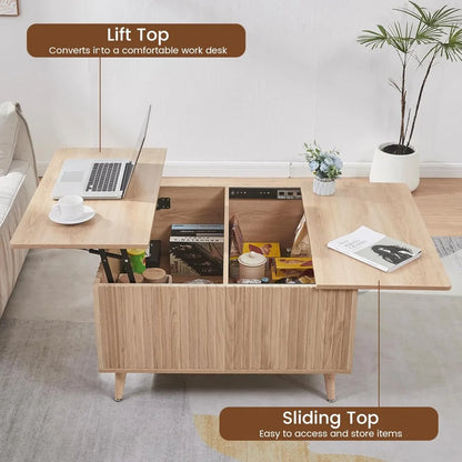 Square Coffee Table, 35” Lift Top Coffee Table with Storage, Fluted Coffee Tables with Lifting Top