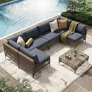 7 Piece Outdoor Patio Furniture Set, PE Rattan Outdoor Wicker Sectional Furniture Chair Set with Cushions and Table