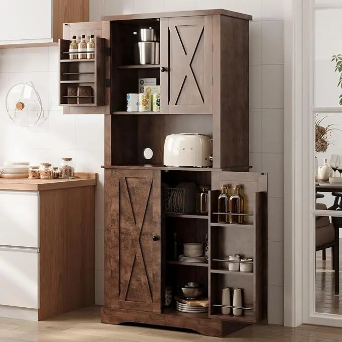 72" Kitchen Pantry, Farmhouse Cabinets with Barn Doors & Storage Shelves, Pantry Storage Cabinet- Coffee Bar