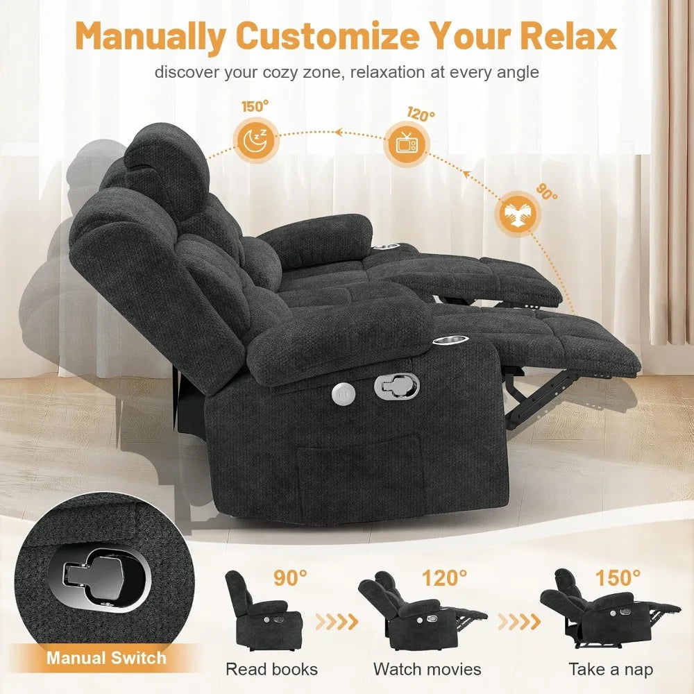 Loveseat, Recliner Sofa, Flip Middle Backrest Design,  with Storage Drawer, USB Ports & Cup Holders, Manual C