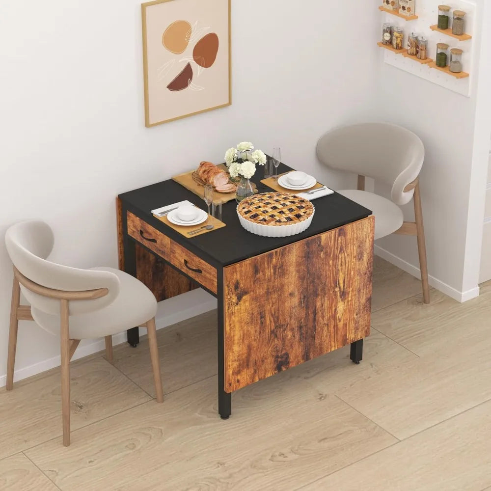Folding Dining Table with Drawers, Extendable, for 6-8 People, Space-Saving for Living Room, Kitchen