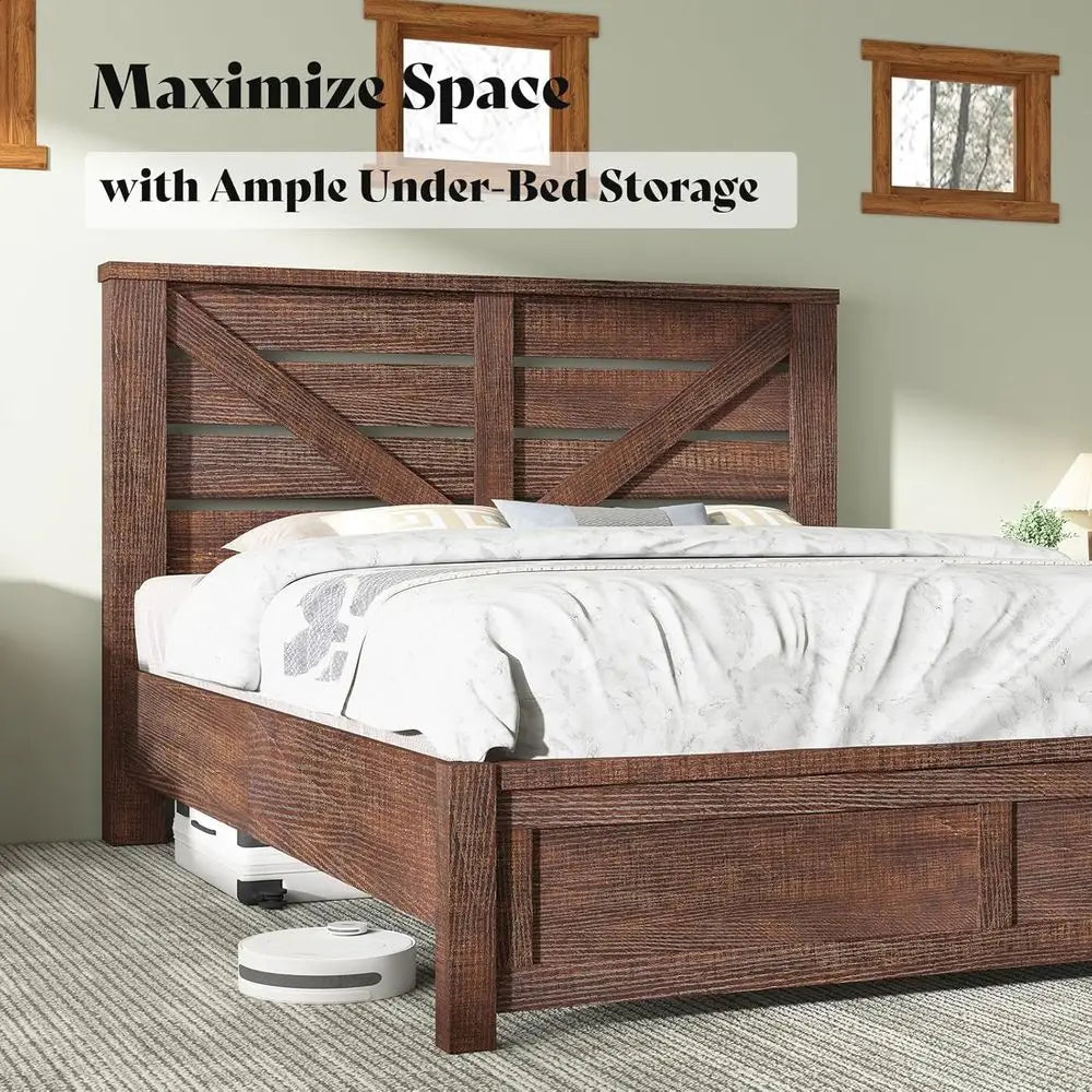 Reclaimed Barnwood Queen Bed Frame with 49.2 Barn Door Headboard, Platform Slat Design, Underbed Storage, Quiet