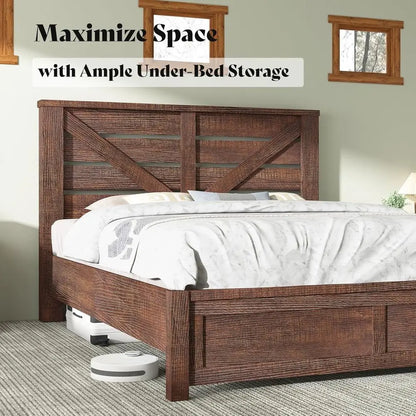 Reclaimed Barnwood Queen Bed Frame with 49.2 Barn Door Headboard, Platform Slat Design, Underbed Storage, Quiet