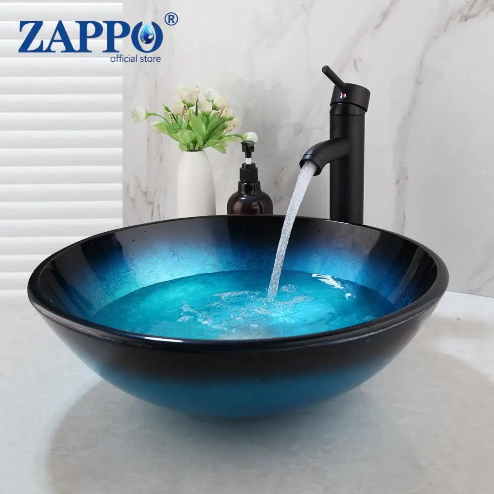 Tempered Above Counter Basin Glass Sink with Waterfall Faucet Tap