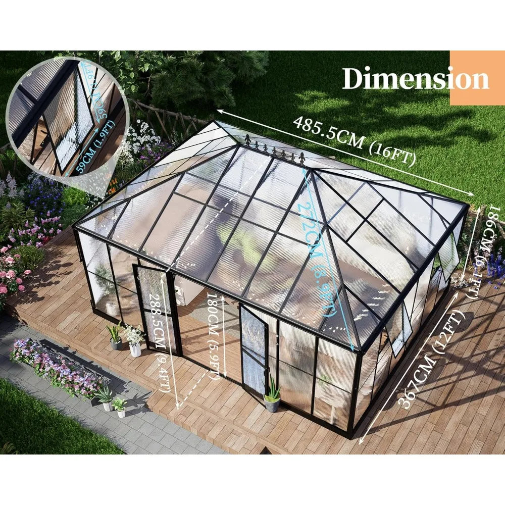 16x12x9.5 FT Polycarbonate Greenhouse for Outdoors, Pavilion Style Greenhouse with 4 Vent Windows, Lockable Double Doors, Ideal