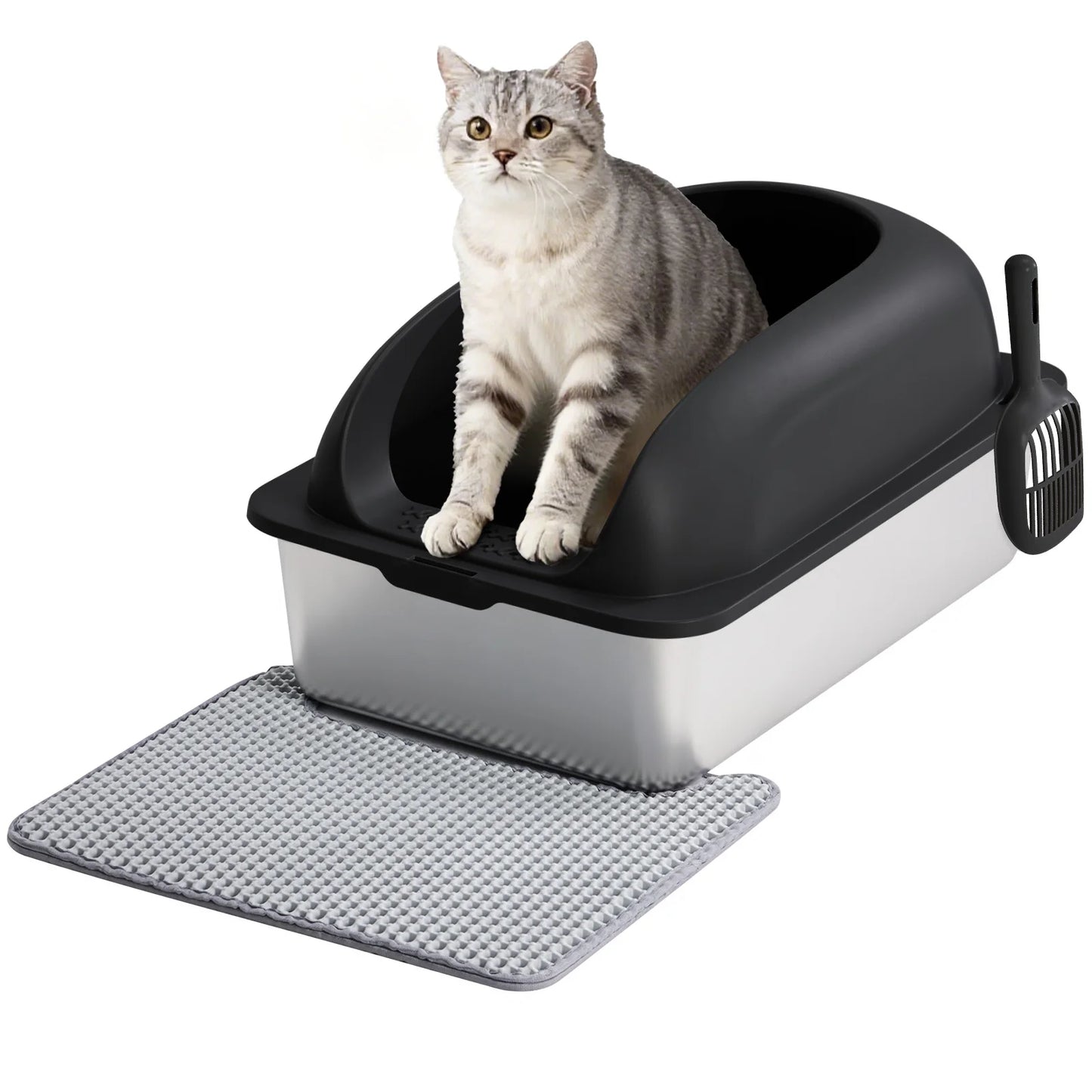 Stainless 24IN Steel Cat Litter Box with Lid, for Big Cats, Anti-Urine Leakage, Scoop and Mat Included