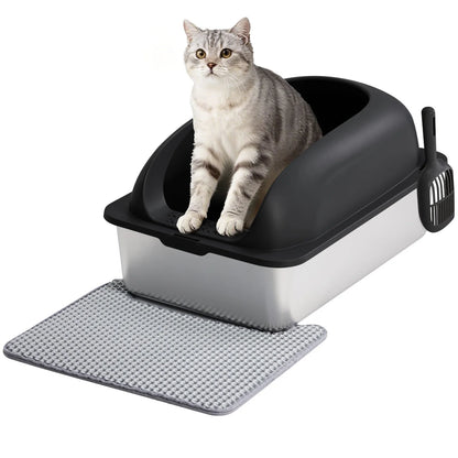 Stainless 24IN Steel Cat Litter Box with Lid, for Big Cats, Anti-Urine Leakage, Scoop and Mat Included