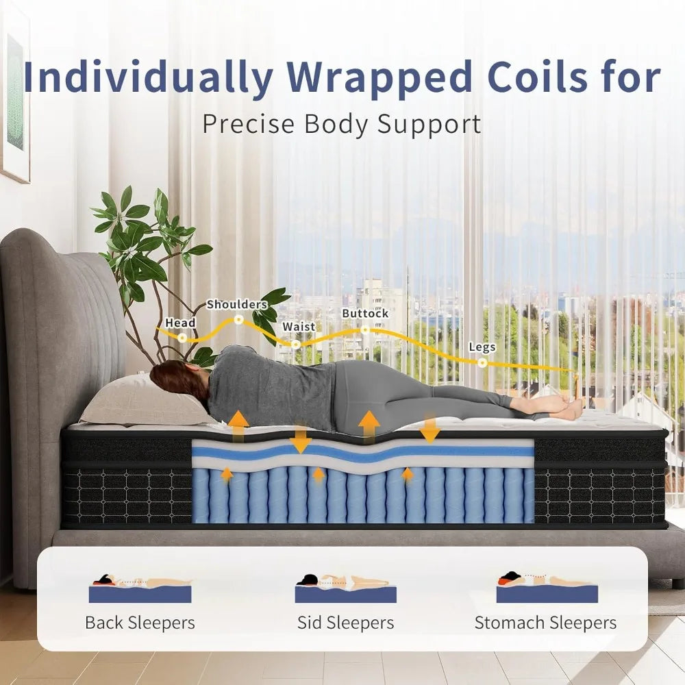 Mattress,12 Inch, Individually Wrapped Pocket Coils to Isolate Motion, Pressure Relief