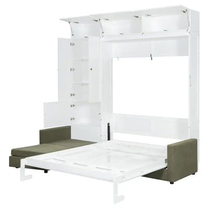 Queen Murphy Bed with Sofa and Shelves, Beige Wall Bed System for Space Saving Solution