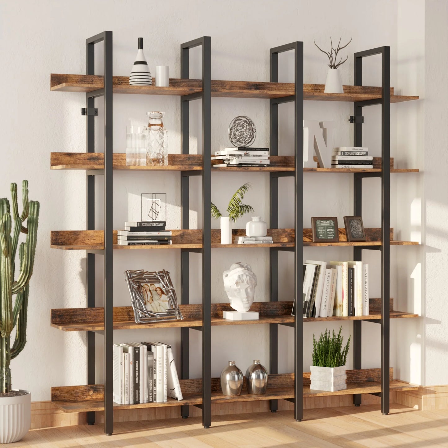 Bookcase and Bookshelves Triple Wide 6-Tiers Large Open Shelves