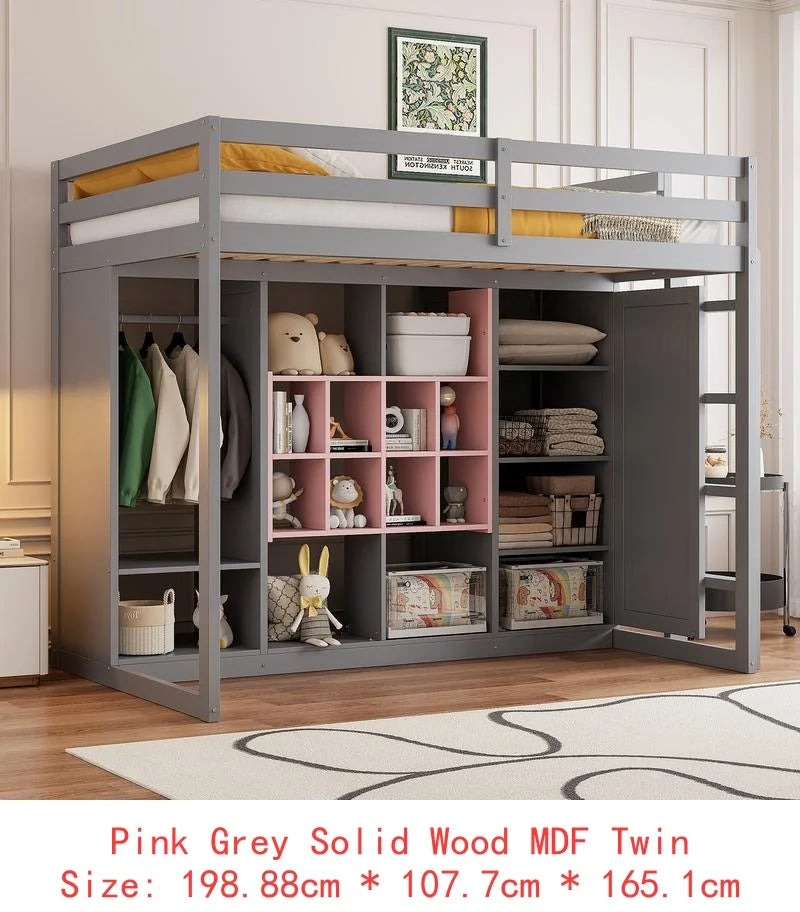 Full-Size Wood Loft Bed with Wardrobe, Shelves, and Storage Cabinet, Gray and Pink