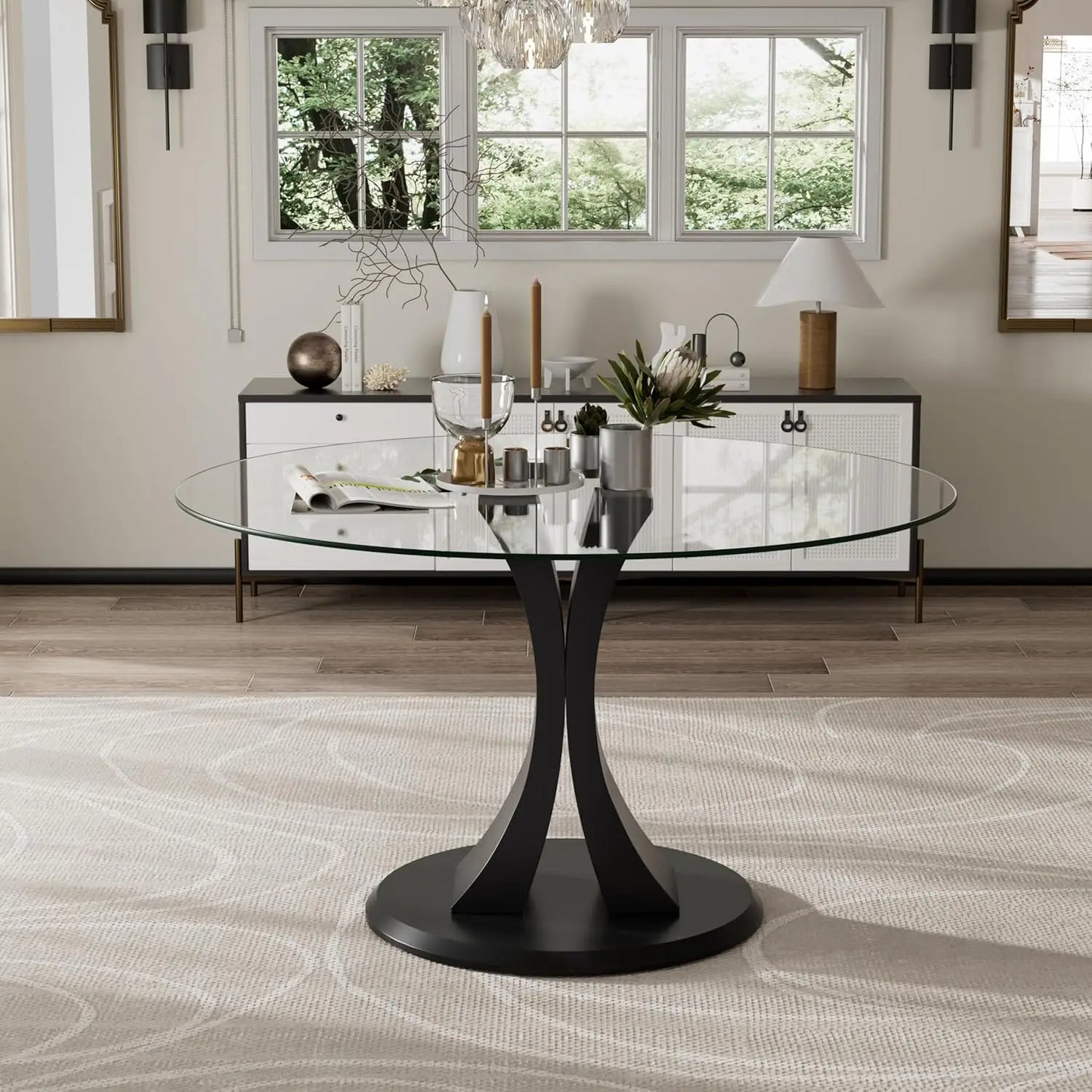 Round, 47" Glass Dining Table, with Robust Pedestal for Apartment Home Kitchen