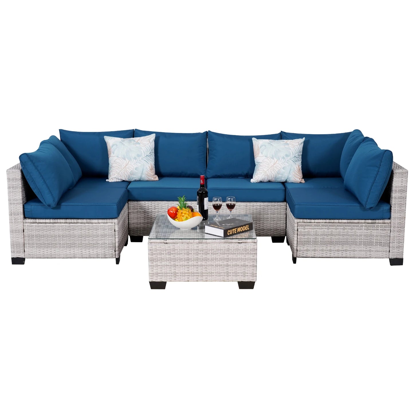 Outdoor Patio Furniture, 7 Piece Outdoor Sectional Sofa , Rattan Wicker Patio Conversation Sets with Thick Cushions
