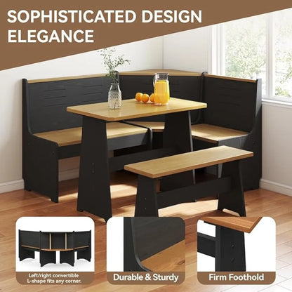 Breakfast Nook, Corner Dining Table Kitchen Bench Chair Set, Space-Saving, Reversible L-Shape