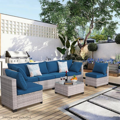 Outdoor Patio Furniture, 7 Piece Outdoor Sectional Sofa , Rattan Wicker Patio Conversation Sets with Thick Cushions