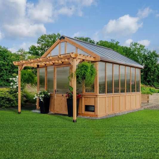 XL 13' x 11' Cedar Wood and Polycarbonate Walk-in Greenhouse Kit with Pergola, Exhaust Fan, Windows, Hose Hook-Ups, Portable