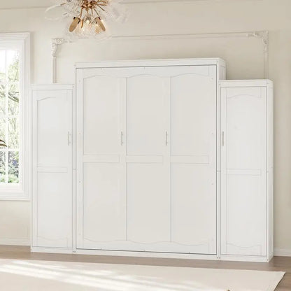 Queen Size Murphy Bed with 2 Wardrobes and Storage Shelf, Multifunctional Foldable Bed Frame