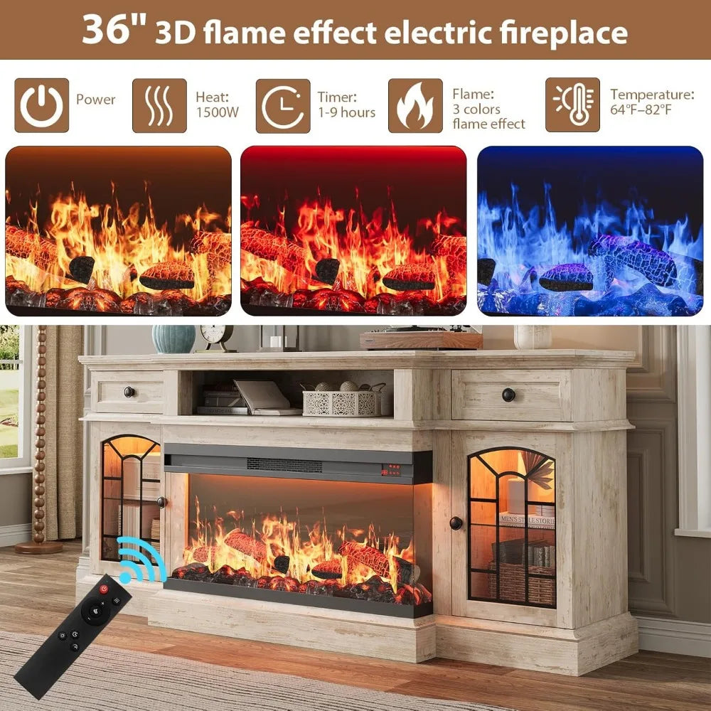 70" Farmhouse Fireplace TV Stand for TVs up to 80", Entertainment Center with 36" 3-Side Glass Electric Fireplace