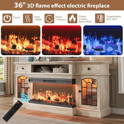 70" Farmhouse Fireplace TV Stand for TVs up to 80", Entertainment Center with 36" 3-Side Glass Electric Fireplace