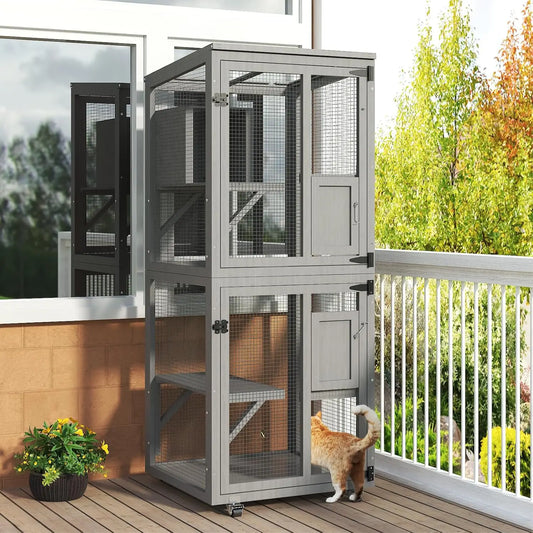 Cat Catio Outdoor Enclosure, 4 Tiers Cat Playpen, Wheels, Resting Box, Waterproof Roof, Large Pet House