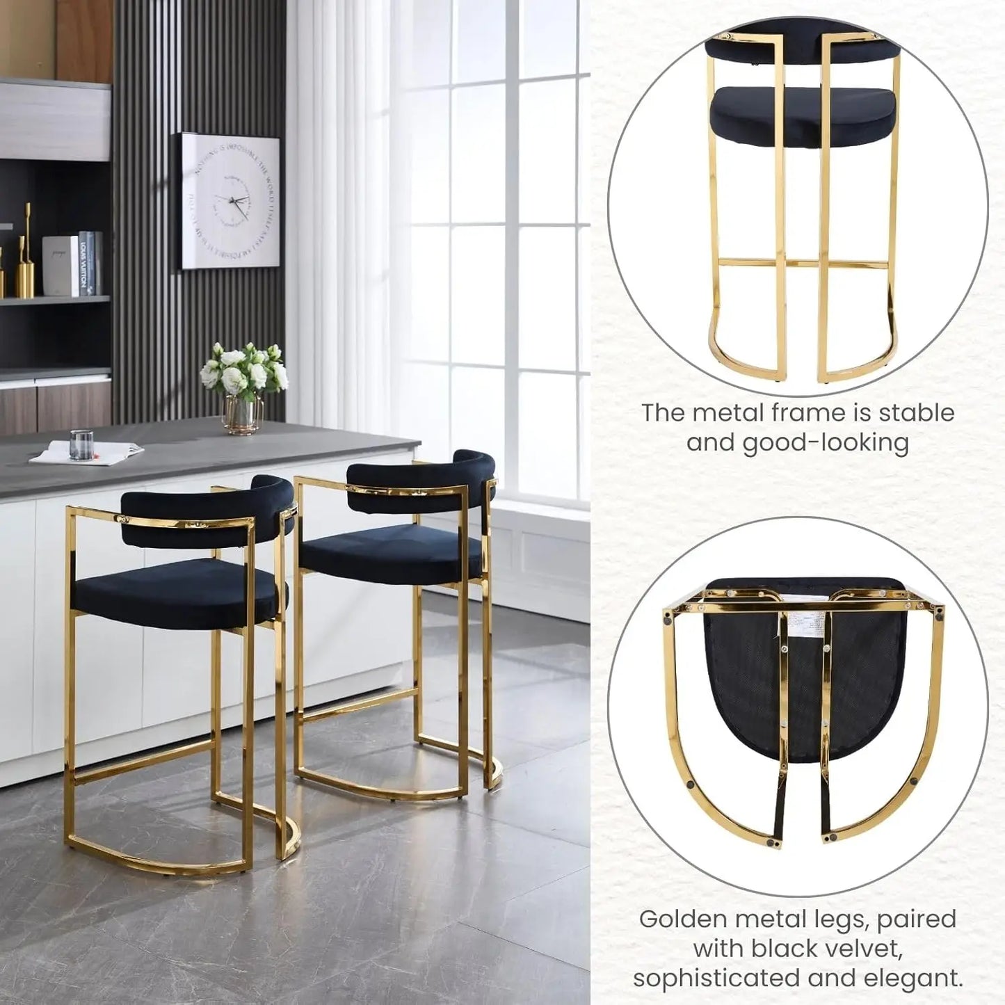 26'' Seat Height Velvet Bar Stools Set of 4, Counter Height, Gold Metal Frame and Footrest, Upholstered Barrel Back