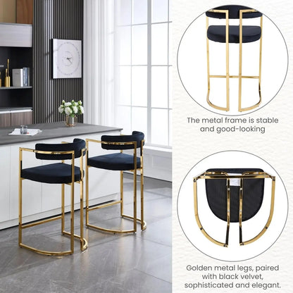 26'' Seat Height Velvet Bar Stools Set of 4, Counter Height, Gold Metal Frame and Footrest, Upholstered Barrel Back