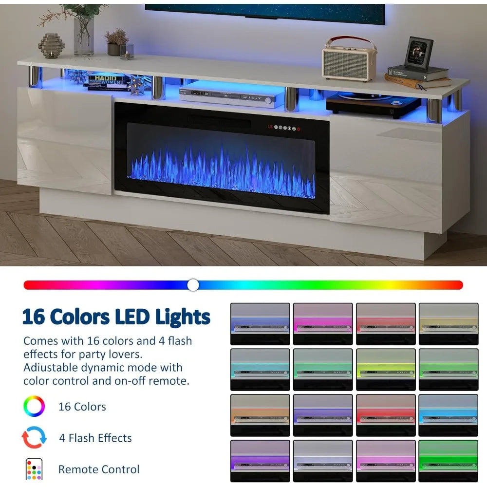 Fireplace TV Stand with 36" Electric Fireplace, 70" LED Light Entertainment Center with Storage,2 Tier Modern Wood Media TV Console