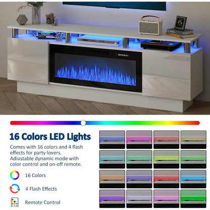 Fireplace TV Stand with 36" Electric Fireplace, 70" LED Light Entertainment Center with Storage,2 Tier Modern Wood Media TV Console