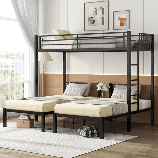 triple bunk bed with detachable twin over twin over twin metal frame, guardrails, ladder, and storage solutions