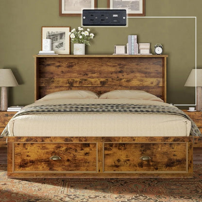 Queen Size Murphy Bed, Farmhouse Wooden Cabinet,  and Storage Drawer for Bedroom/Office/Guest Room