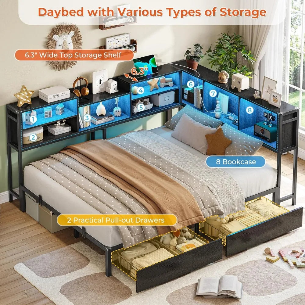 Full Corner Bed Frame with Bookcase Storage and Led Lights Metal Platform Bed Frame with 2 Drawers and Charging Station