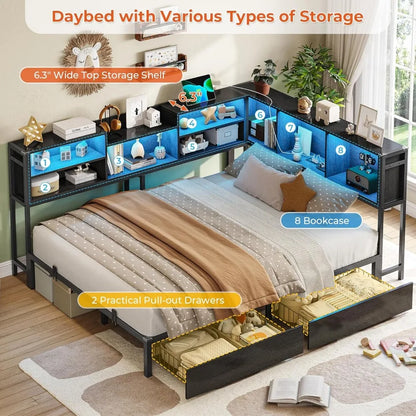 Full Corner Bed Frame with Bookcase Storage and Led Lights Metal Platform Bed Frame with 2 Drawers and Charging Station