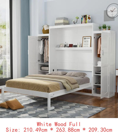 Queen Size Murphy Bed with 2 Wardrobes and Storage Shelf, Multifunctional Foldable Bed Frame