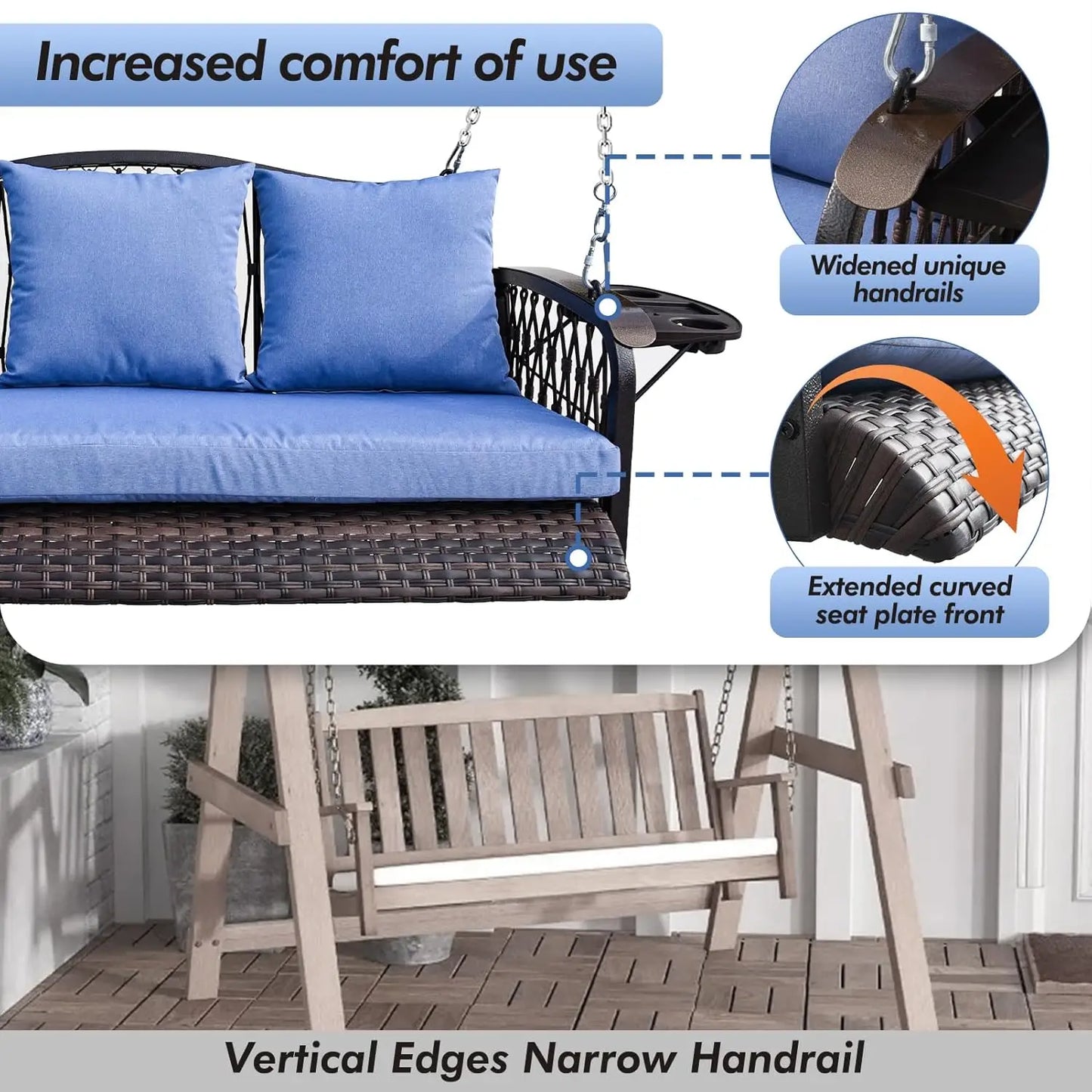 Wicker Porch Swing Heavy Duty 900 LBS 3-Seat Outdoor Patio Swing Chair with Cushions & 8.9ft Chains Outdoor Hanging,