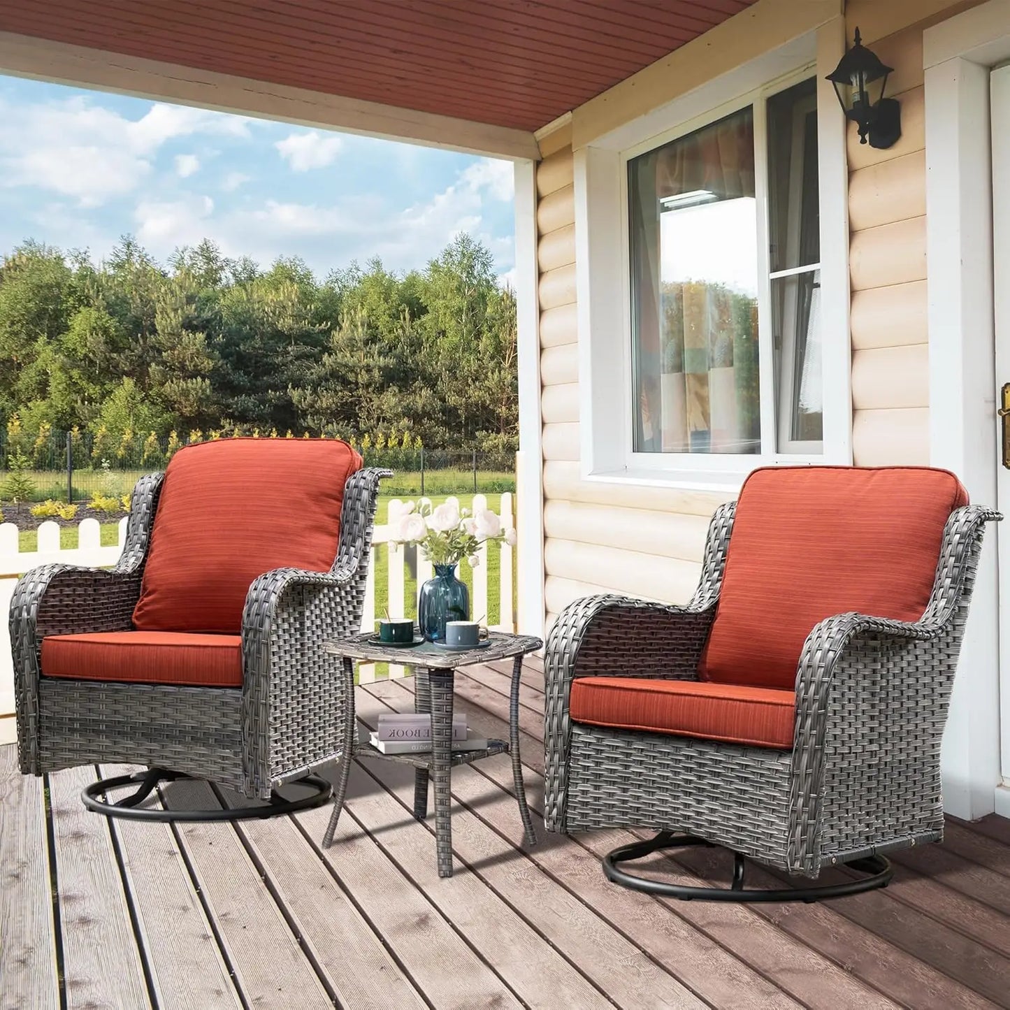 Luxury, Outdoor, Swivel Rocker Patio Chairs with Thick Cushions and Side Table,3 PCS High Back