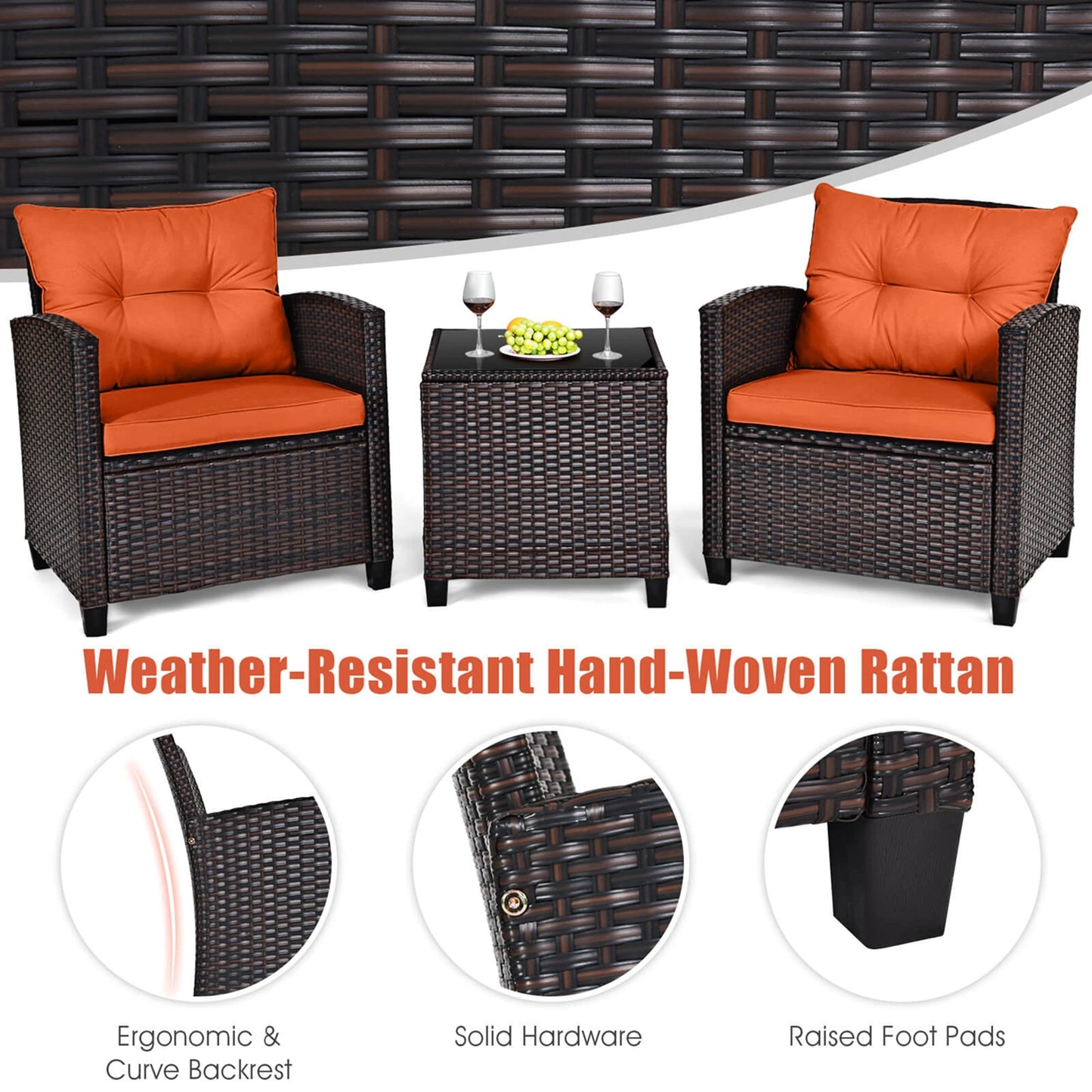 3 PCS Patio Rattan Furniture Set Cushioned Conversation Set