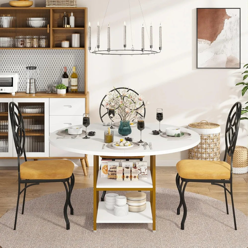 Round Dining Table for 4 People with 2-Tier Storage Shelves