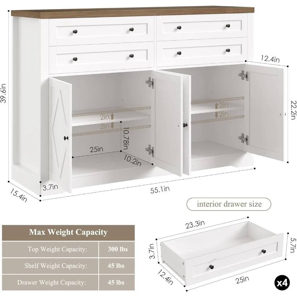 Exquisite 55 Coffee Bar with 4 Large Drawers, 40 Tall Buffet Cabinet with Storage, Kitchen Storage Cabinet, Farmhouse
