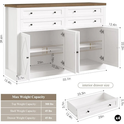 Exquisite 55 Coffee Bar with 4 Large Drawers, 40 Tall Buffet Cabinet with Storage, Kitchen Storage Cabinet, Farmhouse