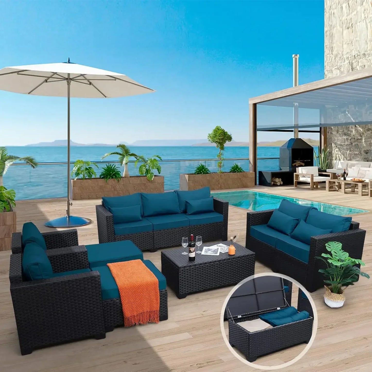[Best Seller!]Patio Furniture Set 7 Pieces Couch, Outdoor Chairs, Coffee Table, Peacock Blue Anti-Slip Cushions and Waterproof