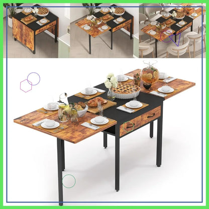 Folding Dining Table with Drawers, Extendable, for 6-8 People, Space-Saving for Living Room, Kitchen