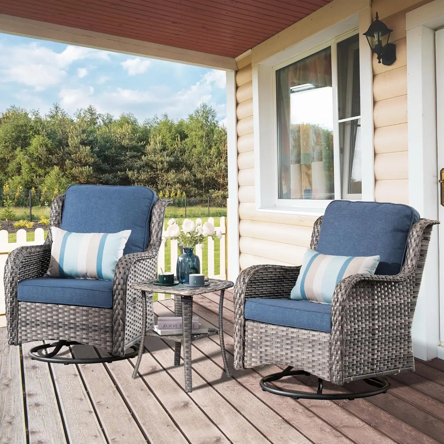 Luxury, Outdoor, Swivel Rocker Patio Chairs with Thick Cushions and Side Table,3 PCS High Back
