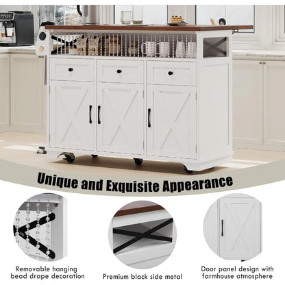 46.5" Farmhouse Kitchen Island with Drape of Beads, Rolling Kitchen Storage Cart on Wheels with Drop Leaf