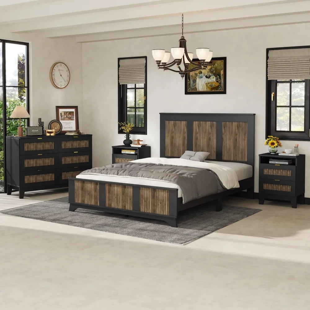 4 Piece Queen Bedroom Set,Queen Size Platform Bed  Qwith Wooden Strip Stickers Decoration, 2 Nightstands and Dresser, 4 Piece Fa