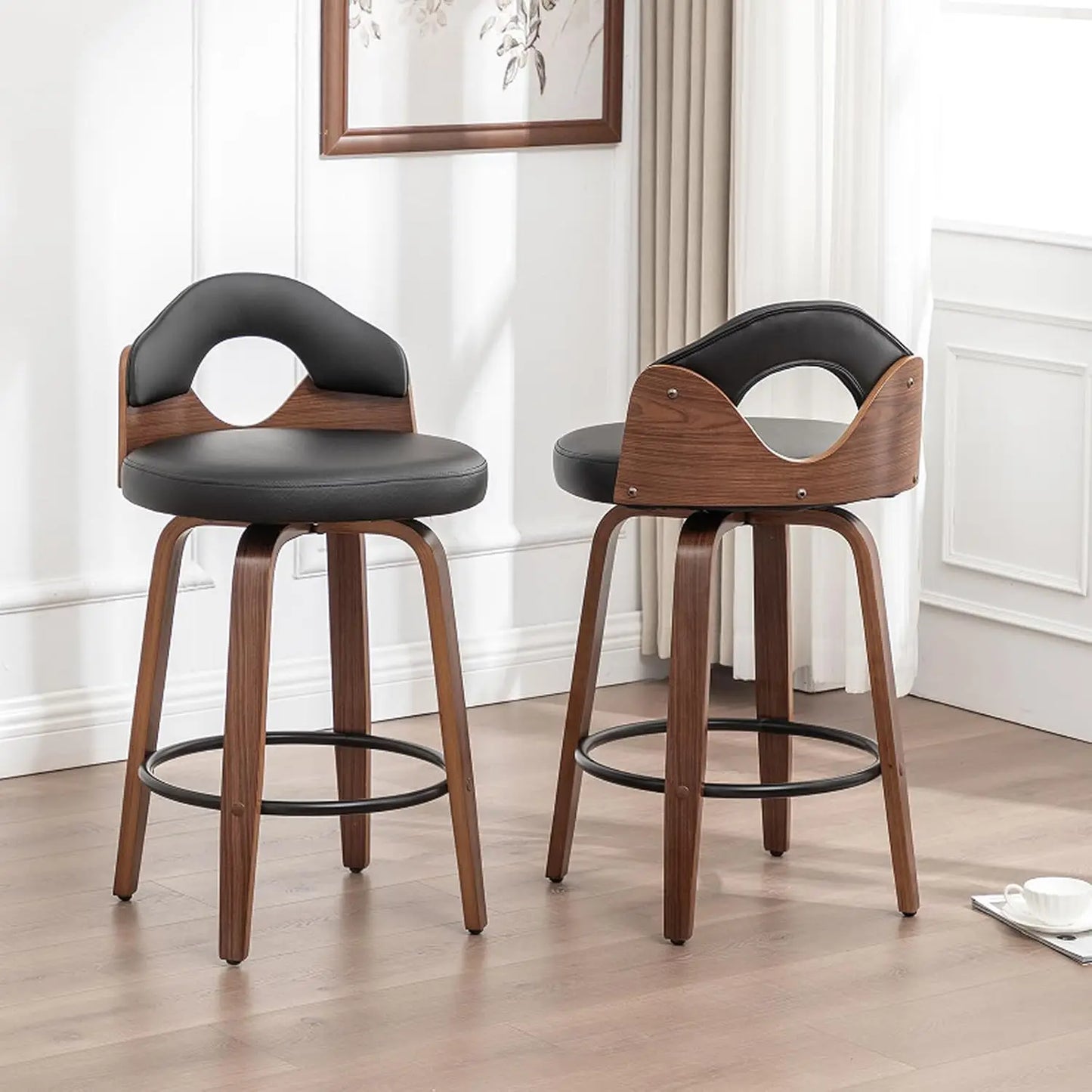 26" Swivel Bar Stools Set of 2,Mid Century Modern Beige Faux Leather Barstools, Wood Counter Height Bar Chairs with Low Back