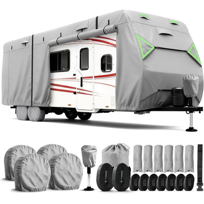7 Layers Waterproof Camper Cover with Tongue Jack Cover, Windproof Travel Trailer Cover with Gutter Cover, Fit for 27-30ft