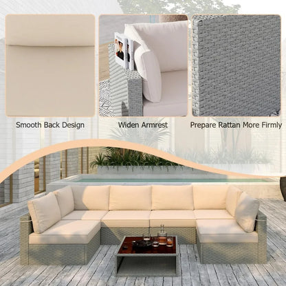 Furniture Set 7-Piece, All-Weather Outdoor Conversation Set Sectional Sofa with Water Resistant Grey Thick Cushions and Coffee Table