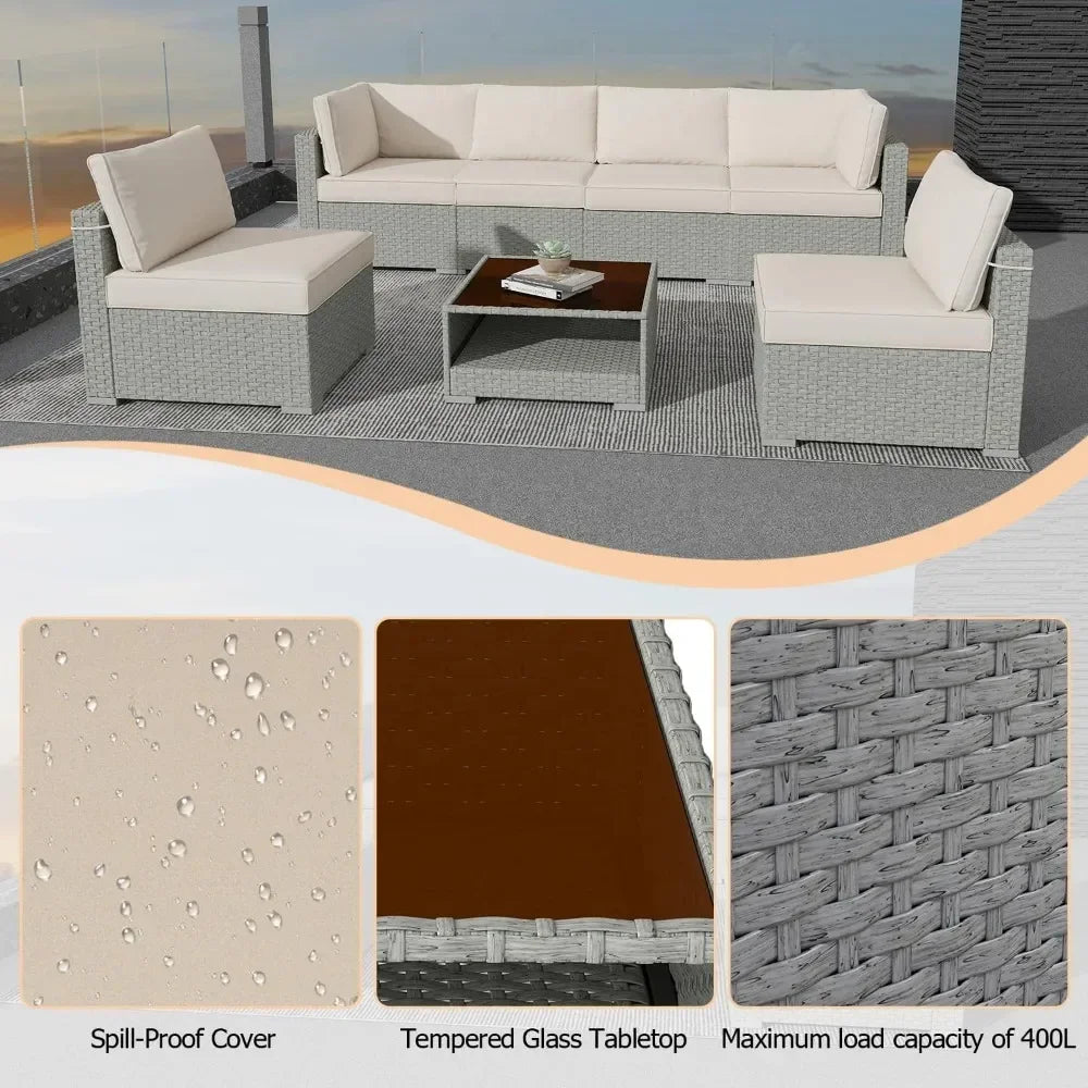 Furniture Set 7-Piece, All-Weather Outdoor Conversation Set Sectional Sofa with Water Resistant Grey Thick Cushions and Coffee Table