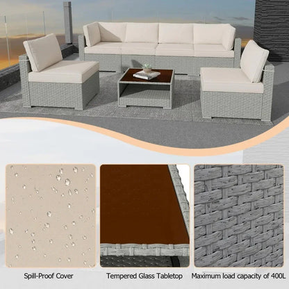 Furniture Set 7-Piece, All-Weather Outdoor Conversation Set Sectional Sofa with Water Resistant Grey Thick Cushions and Coffee Table
