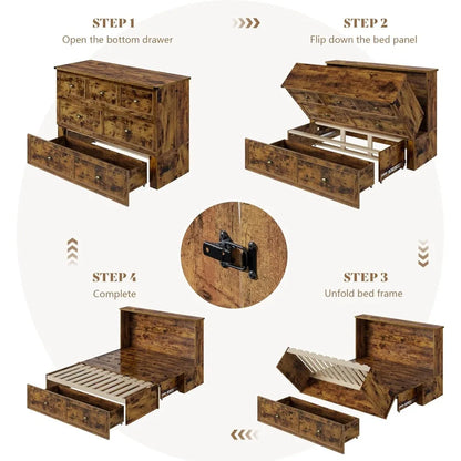 Queen Size Murphy Bed, Farmhouse Wooden Cabinet,  and Storage Drawer for Bedroom/Office/Guest Room